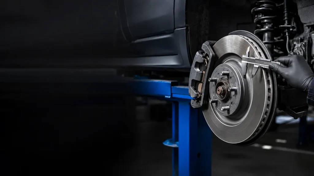 Professional brake inspection and brake disc check at a Braemar automotive workshop