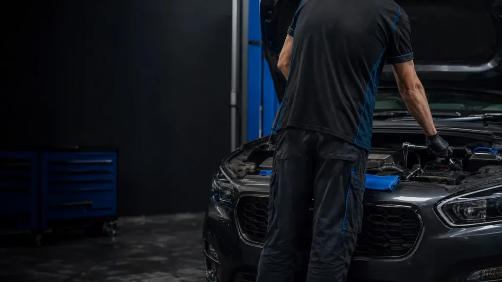 Mechanic performing professional car maintenance at ACE Automotive Services in Braemar