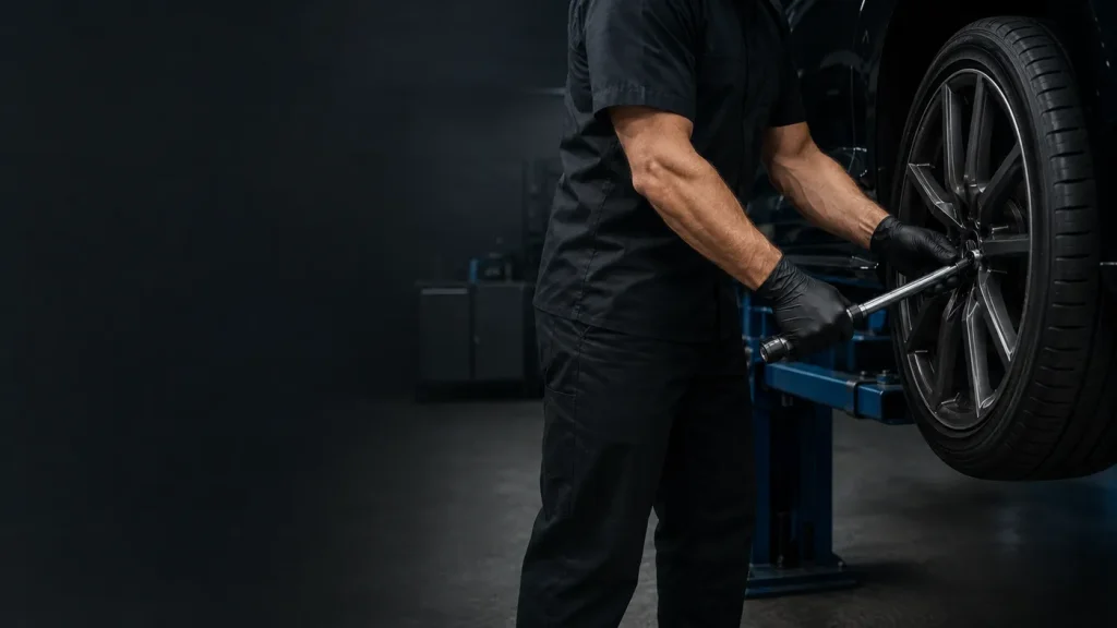 Mechanic servicing a vehicle wheel at ACE Automotive Services in Braemar