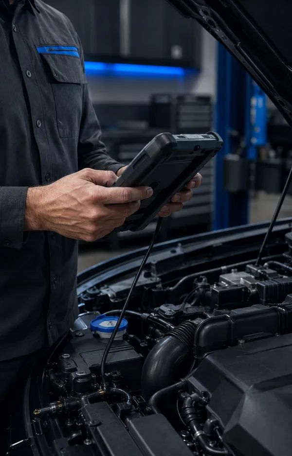 ACE Automotive technician using diagnostic equipment to inspect a vehicle engine